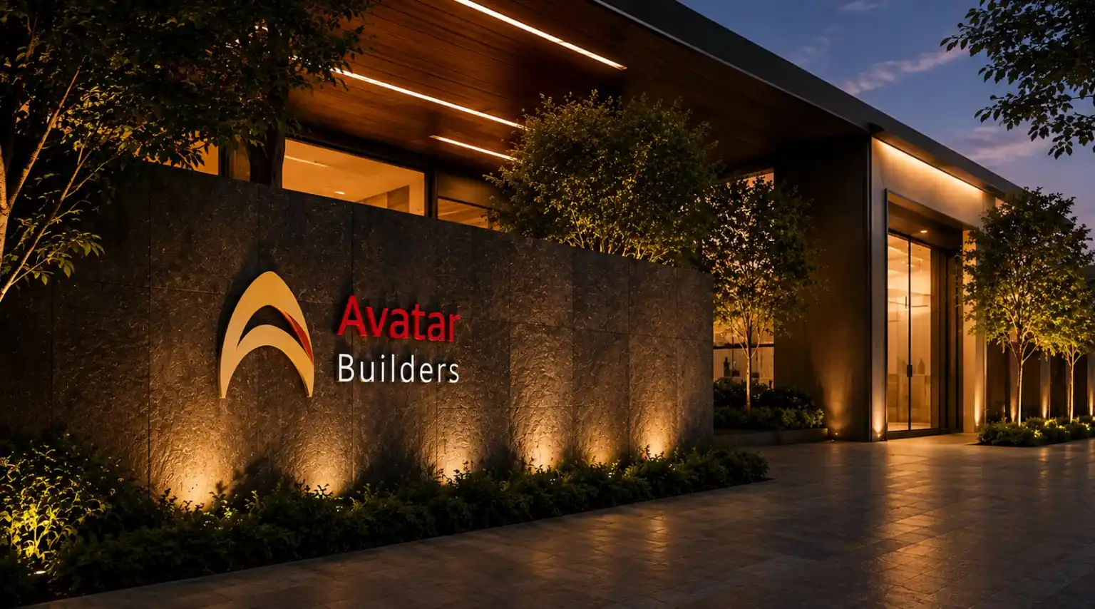 Avatar Builders office entrance illuminated at dusk