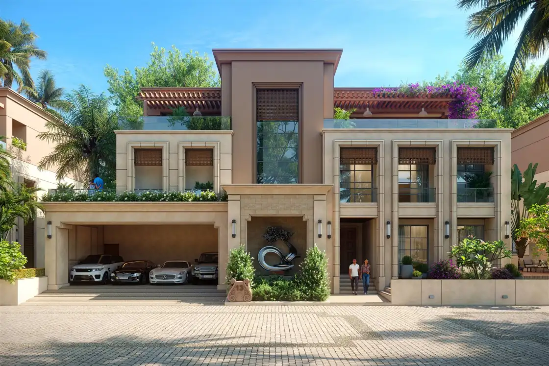 Luxury villa exterior with landscaped entrance and covered garage
