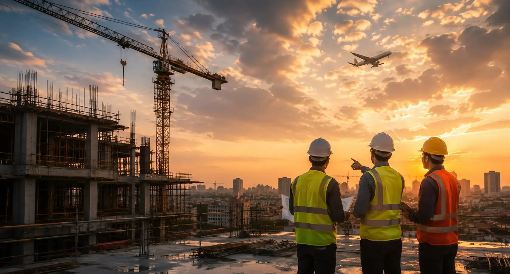 Avatar Builders site engineers reviewing a residential tower under construction at sunset in Chennai