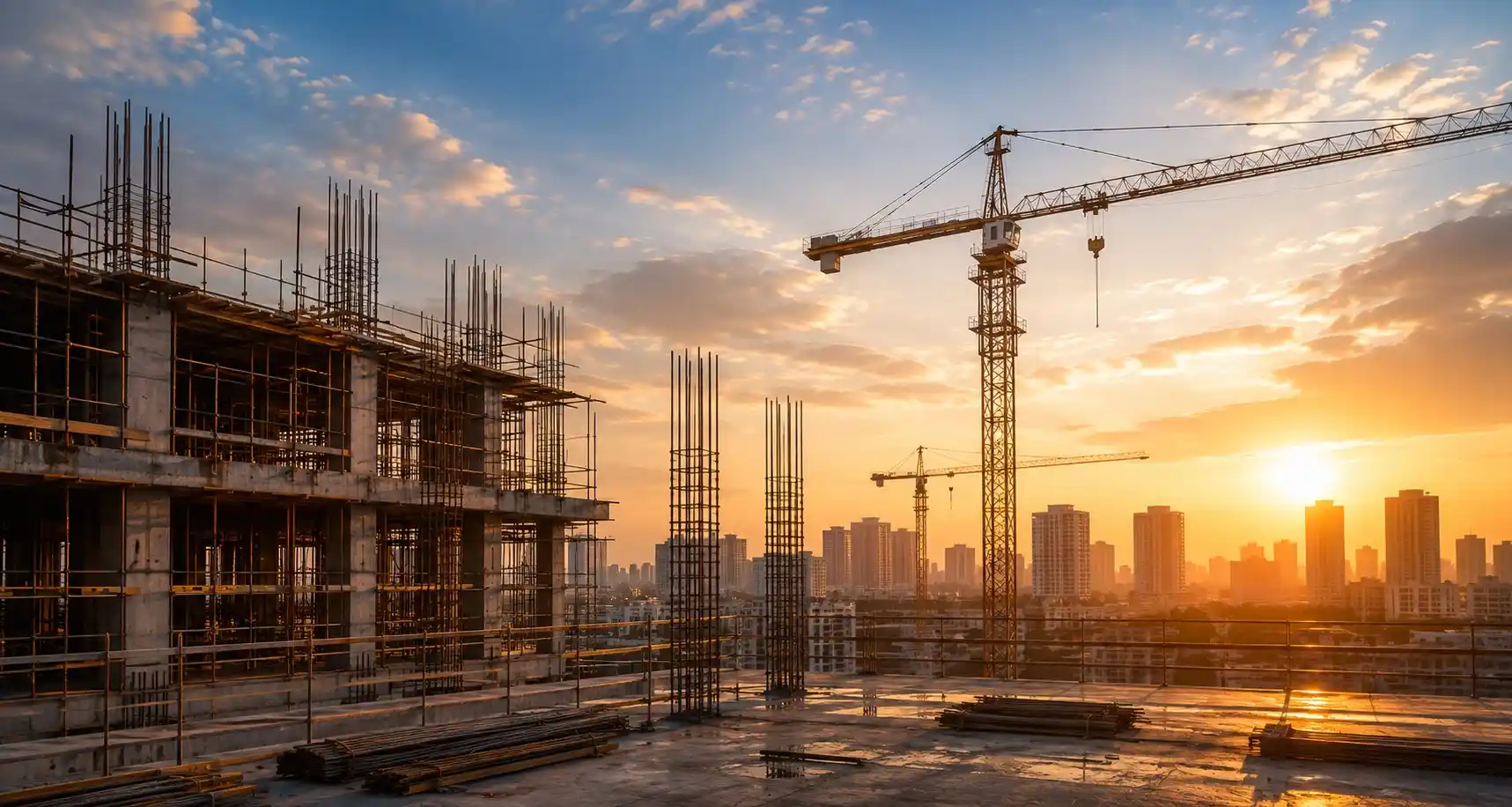 Modern residential tower under construction at golden hour, representing Avatar Builders' construction services in Chennai
